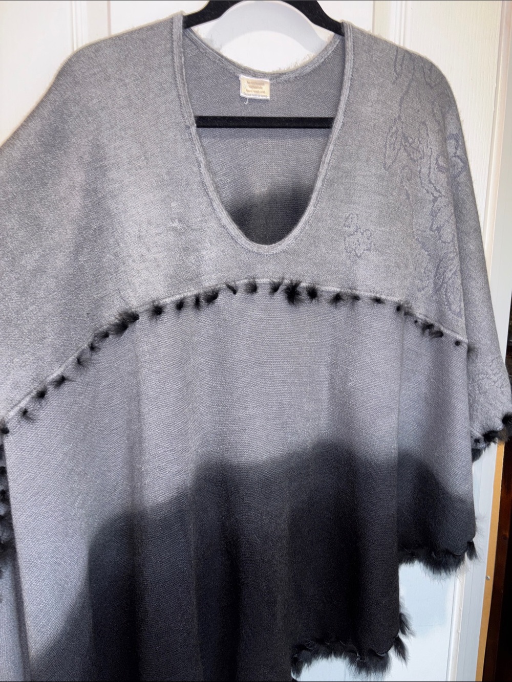 GRAY ASYMMETRICAL WRAP… SHADES OF GRAY ACRYLIC AND RABBIT HAIR WRAP
ONE SIZE
